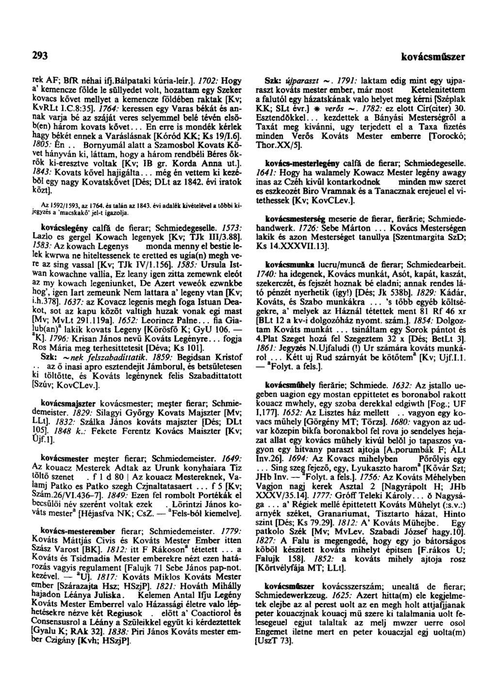 293 kovácsműszer rek AF; BfR néhai ifj.bálpataki kúria-leir.]. 1702: Hogy a' kemencze földe le süllyedet volt, hozattam egy Szeker kovács követ mellyet a kemencze földében raktak [Kv; KvRLt I.C.8:35].