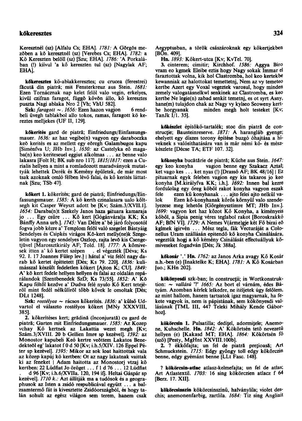 kőkeresztes 324 Keresztnél (sz) [Alfalu Cs; EHA]. 1781: A Gŏrgŏs mezőben a kŏ keresztnél (sz) [Verebes Cs; EHA]. 1782: a Kö Kereszten belöll (sz) [Szu; EHA]. 1786: 'A Porkalában (!