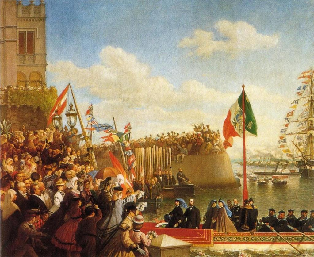 Cesare dell'agua: A császári pár indulása. A képen feltűnik a Miramar-kastély előtt horgonyzó S.M.S. NOVARA fregatt, a császár környezetében pedig több magyar nemes.