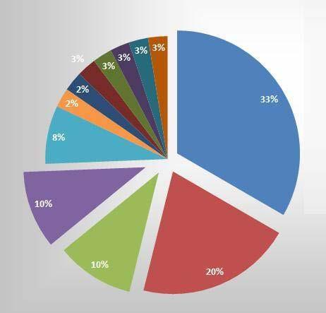 A kérdőívek szerint, mik Zenta hiányosságai a családalapítás terén Kék: Rossz anyagi helyzet: 33,33% Piros: Nincs munka: 20,51% Zöld: Alacsony keresetek: 10,25% Lila: Bizonytalan háttér: 10,25%
