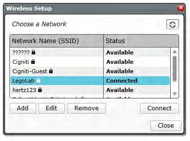 Wireless Setup tool (Vezeték nélküli beállítási eszköz) Wi-Fi kapcsolat létrehozása a számítógép és a Tégla között Az USB kábel felhasználásával csatlakoztassuk az EV3 Bricket a számítógéphez.