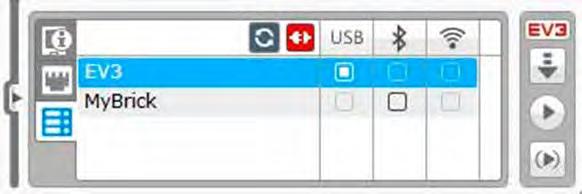 TÉGLA INFORMÁCIÓK FÜL (BRICK INFORMATION TAB) fontos információkat jelenít meg az aktuálisan csatlakoztatott EV3 Brick-ről, ilyen például az EV3 Brick neve, telep állapota, firmware verzió,