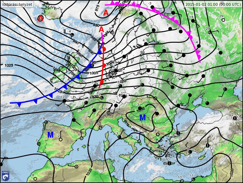 17. ábra: Európai időjárási helyzetkép 00 UTC-kor, 2015.01.02. (bal) és 2015.01.03.