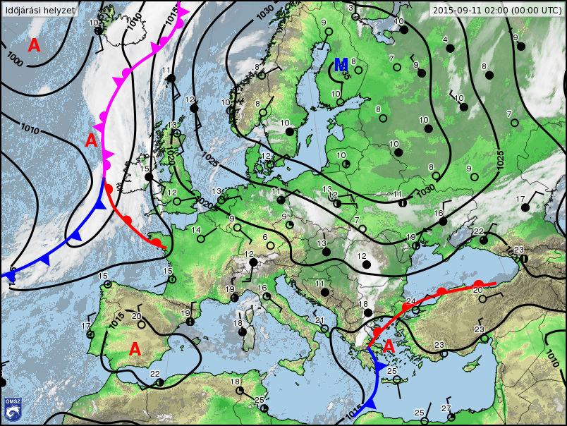 21. ábra: Európai időjárási helyzetkép 00 UTC-kor, 2015.09.11. (bal) és 2015.09.12.(jobb) napokon (forrás: OMSZ) szept. 11. 4:00szept. 12.