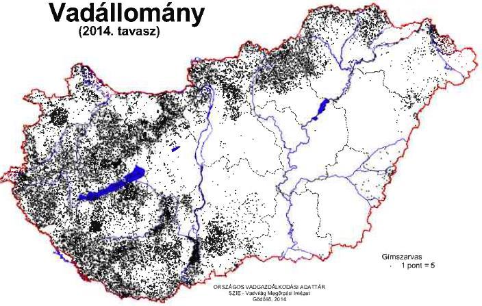 6.1. Gazdálkodás a gímszarvassal 6.1.1. Hazai elterjedése, dinamikája, hasznosítása: 45. ábra: A gímszarvas területi eloszlása, becsült létszáma és terítéke Forrás: Csányi-Tóth-Kovács-Schally (szerk.