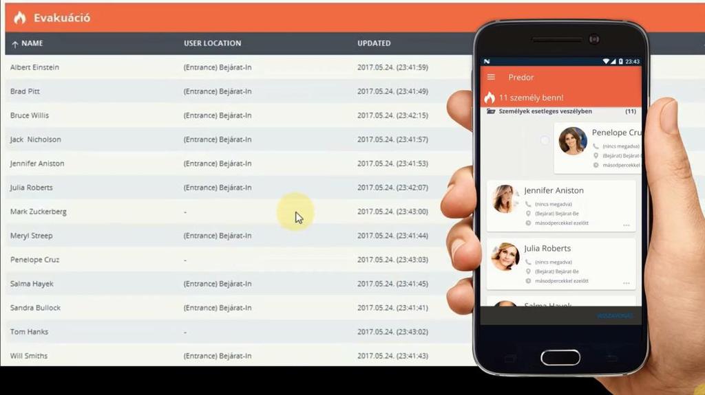 EVAKUÁCIÓS LISTA A tűzjelzés pillanatában a rendszer automatikusan evakuálási listát generál a bent tartózkodókról.