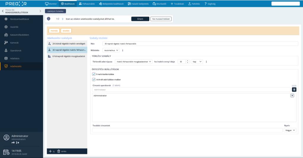 FIGYELEM! A rendszeres adatbázismentés nélkülözhetetlen az adatvesztések elkerülésének érdekében. ADATKEZELÉS A cégek számára segítséget nyújt ez a menüpont a GDPR szabályok betartásához.
