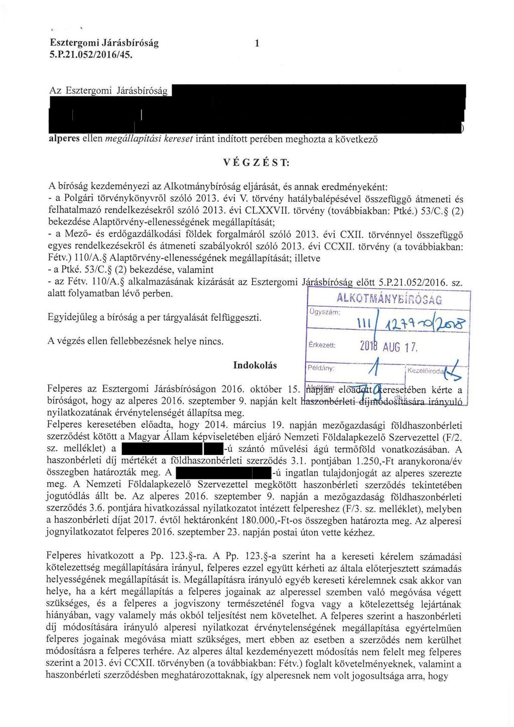 Esztergomi Járásbíróság 5. P.21. 052/2016/45.