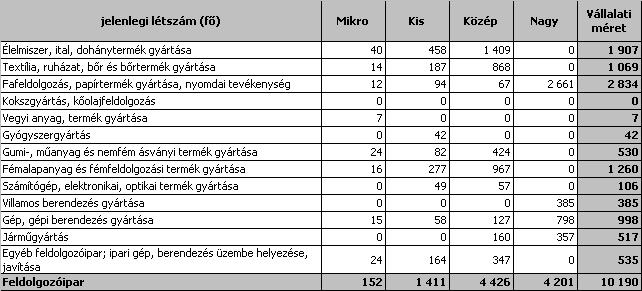 volt a mezıgazdaságban (12,7%) és a kereskedelem, gépjármőjavítás terükén (10,5%). Az elıbbi gazdasági ágban 3311 fı, míg az utóbbiban 2737 fı dolgozott a megkérdezett munkáltatóknál.