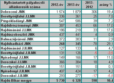 A pályakezdı álláskeresık száma 2013. év átlagában két járási munkaügyi kirendeltségen csökkent, a többi kirendeltségen növekedés történt. A Derecskei J. II.