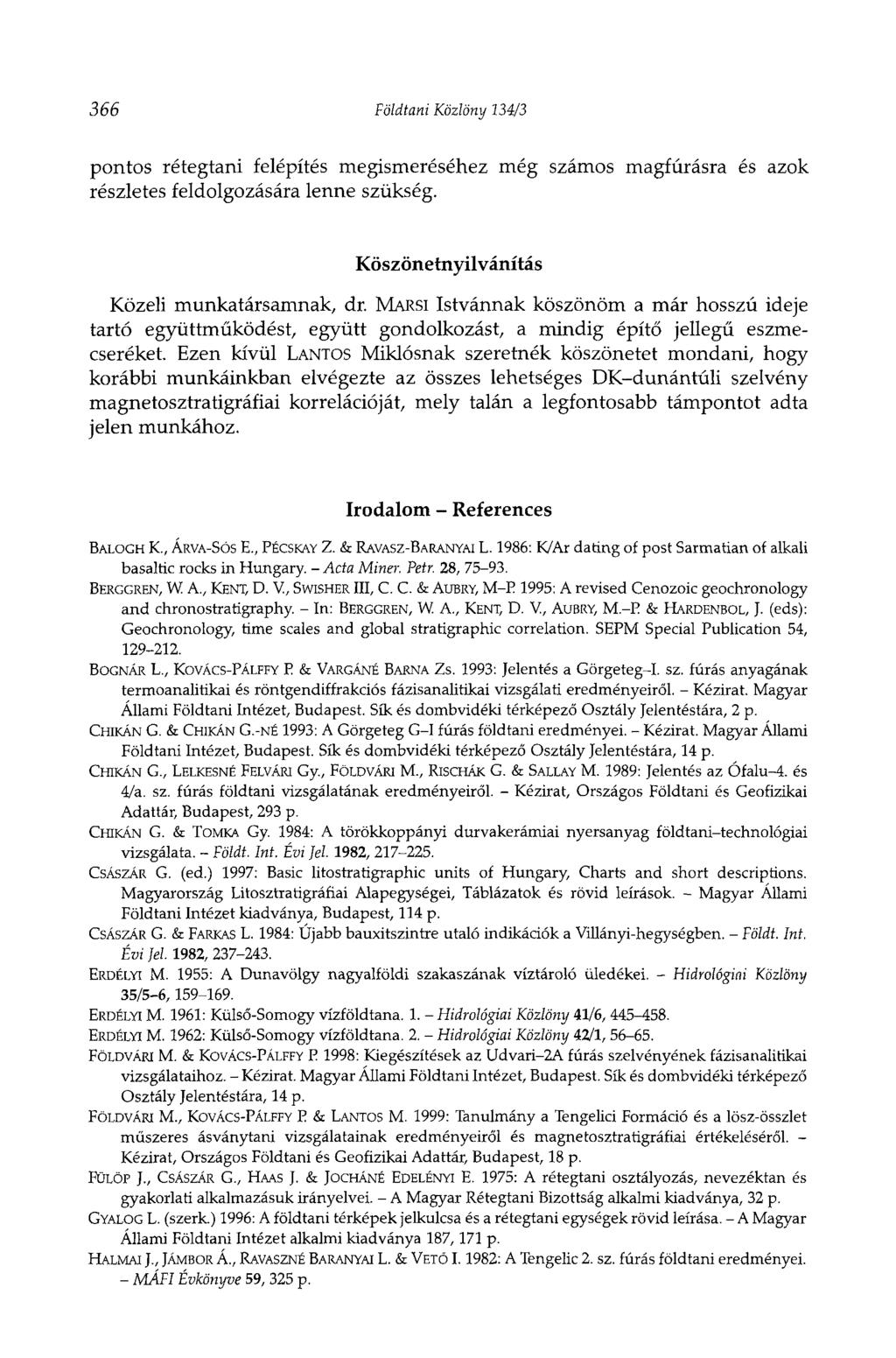 366 Földtani Közlöny 134/3 pontos rétegtani felépítés megismeréséhez még számos magfúrásra és azok részletes feldolgozására lenne szükség. Köszönetnyilvánítás Közeli munkatársamnak, dr.