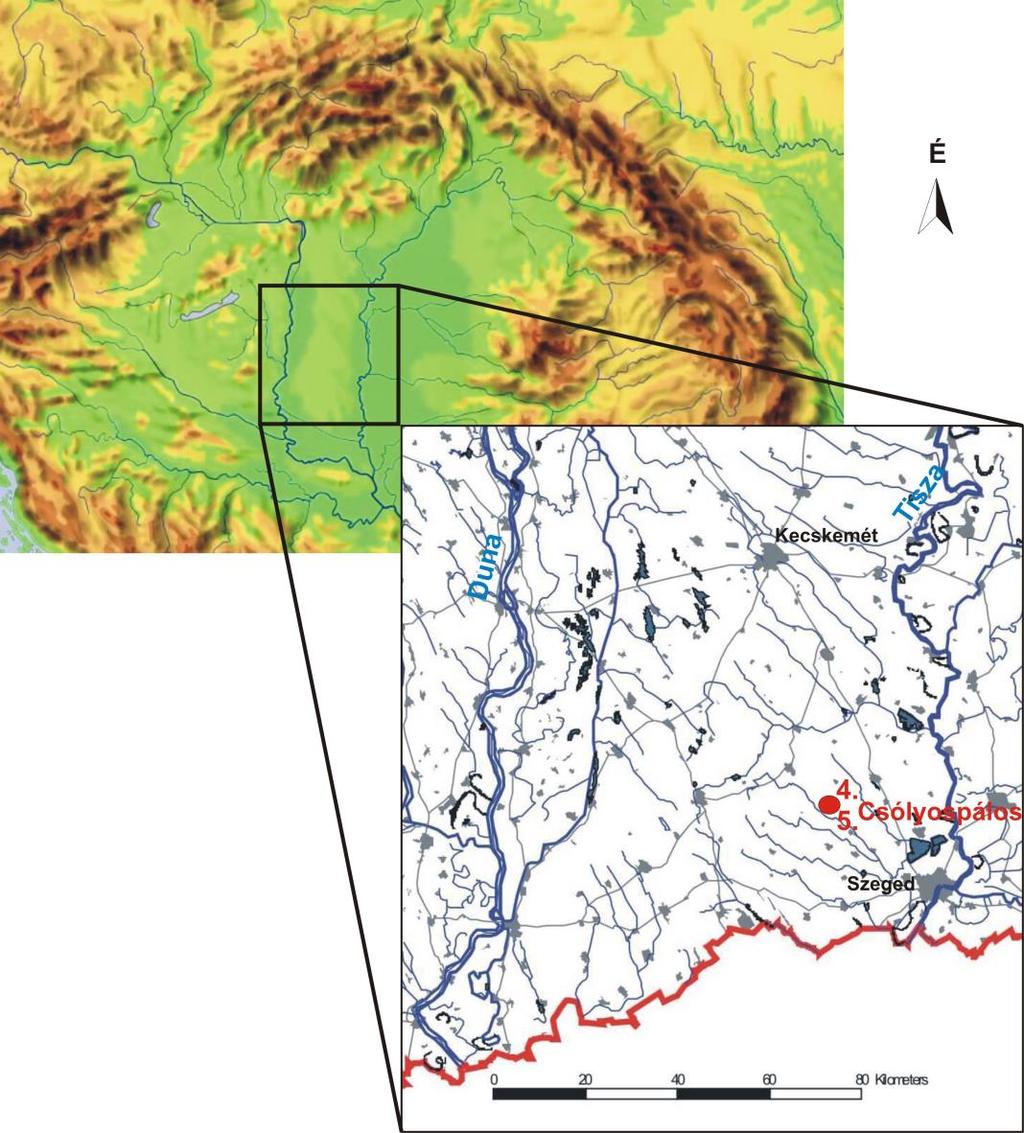 20 8. ábra: A 4. és 5. számú mintaterület, Csólyospálos (Kárpát-medence domborzata. Forrás: Zentai László /szerk./, www.mek.oszk.hu) 4. sz. terület: Csólyospálos községtől 2 km-re ÉK-re, a falu temetőjétől 200 m-re DK-re található (8.