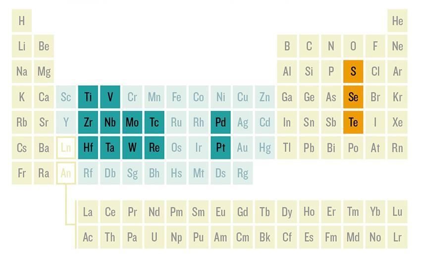 A TMC-kben a kalkogén csoport elemei közül csak kén (S), szelén (Se) és tellúr (Te) elemekkel foglalkozunk, hiszen az oxigént külön szokás kezelni, a radioaktív polónium és a mesterséges livermorium
