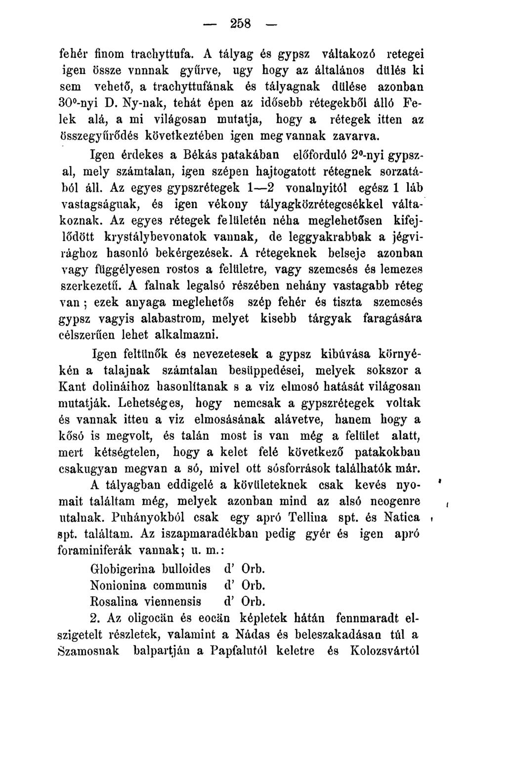258 - fehér finom trachyttufa. A tályag és gypsz váltakozó rétégéi igen össze vnnnak gyűrve, úgy hogy az általános dülés ki sem vehető, a trachyttufának és tályagnak dülése azonban 30 -nyi D.