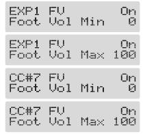 6. fejezet Effektvezérlés pedálokkal Érték Az FV (Foot Volume) működtetésének beállítása az egyes patch-ekre (EXP1/CC#7 Foot Volume) MIDI Start/Stop MMC Play/Stop Patch Level Inc1 Patch Level Inc2