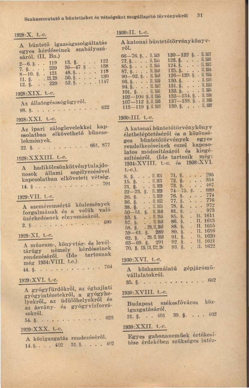 SzakaszmutaW a bünt.ettek.et és vétségeket megállapító oorvényekről 31 1928:X. t.-c. A büntető igazságszolgáltatás egyes.kérdéseinek szabályozásáról. (H. Bn.) 2-6.... 119 13... 7.... 229 36-47 8-10.
