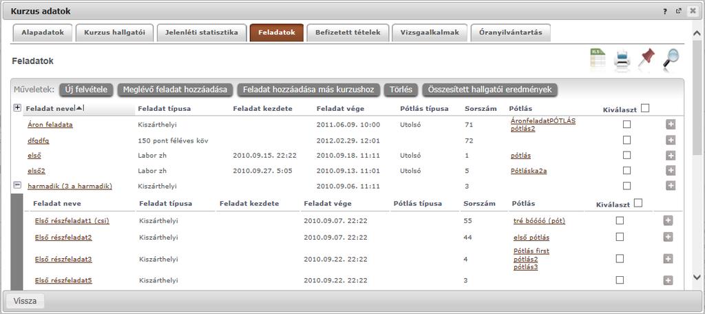 4.2.5. Kurzus feladatkezelés Feladat, részfeladat, pótlás A feladatkezelésnek 3 szintje van: Feladat, Részfeladat, Pótlás.