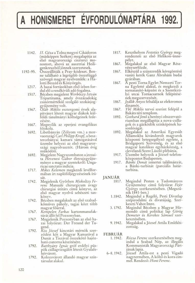 A HONISMERET ÉVFORDULÓNAPTÁRA 1992. 1142. II.