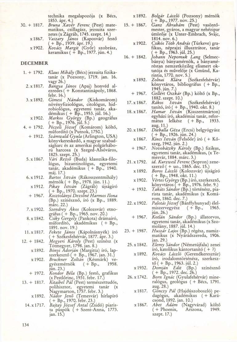 technika megalapozója (x Bécs, 1853. ápr. 4.) 30. + 1817. Bruna Xavér Ferenc (Pest) matematikus, csillagász, jezsuita szerzetes (x Zágráb, 1745. szept. 14.) xl867.