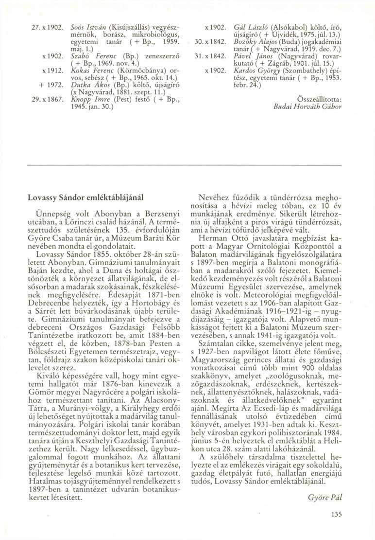 27. x 1902. Soós István (Kisújszállás) vegyészmérnök, borász, mikrobiológus, egyetemi tanár ( + Bp., 1959. máj. 1.) xl902. Szabó Ferenc (Bp.) zeneszerző ( + Bp., 1969. nov. 4.) xl912.