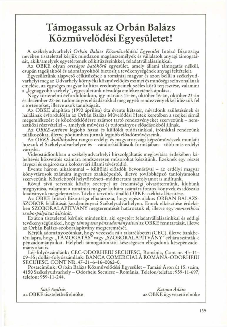 Támogassuk az Orbán Balázs Közművelődési Egyesületet!