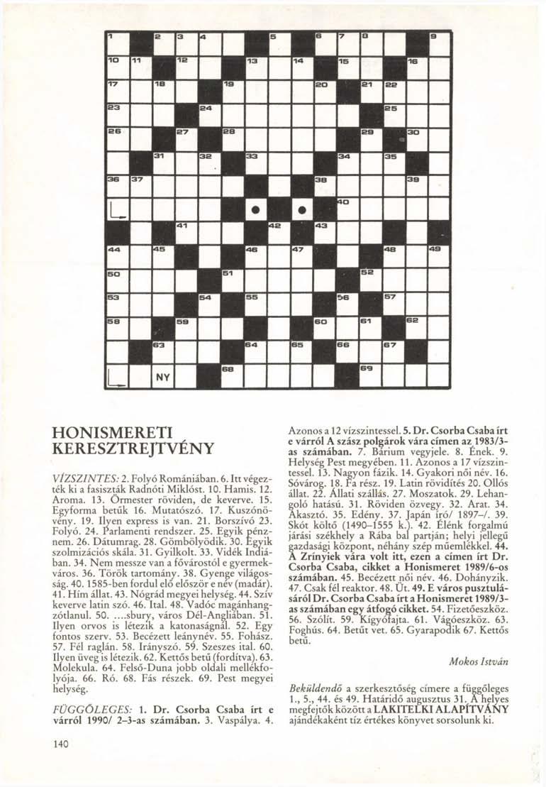 HONISMERETI KERESZTREJTVÉNY VÍZSZINTES: 2. Folyó Romániában. 6. Itt végezték ki a fasiszták Radnóti Miklóst. 10. Hamis. 12. Aroma. 13. Őrmester röviden, de keverve. 15. Egyforma betűk 16. Mutatószó.