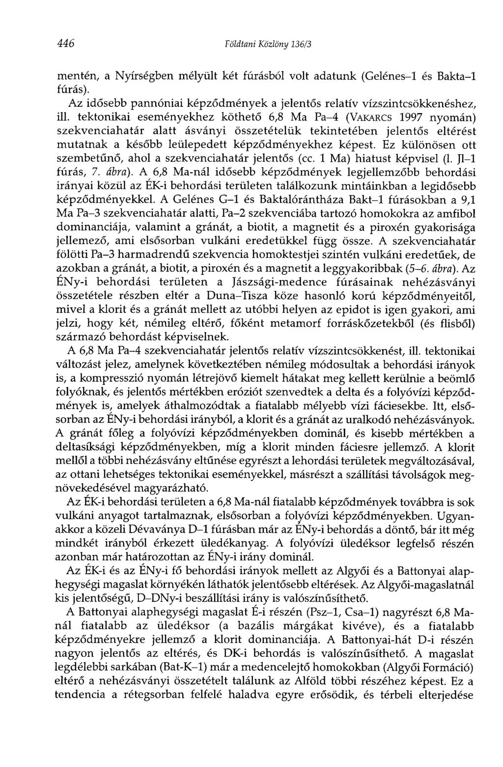 446 Földtani Közlöny 136/3 mentén, a Nyírségben mélyült két fúrásból volt adatunk (Gelénes-1 és Bakta-1 fúrás). Az idősebb pannóniai képződmények a jelentős relatív vízszintcsökkenéshez, ill.