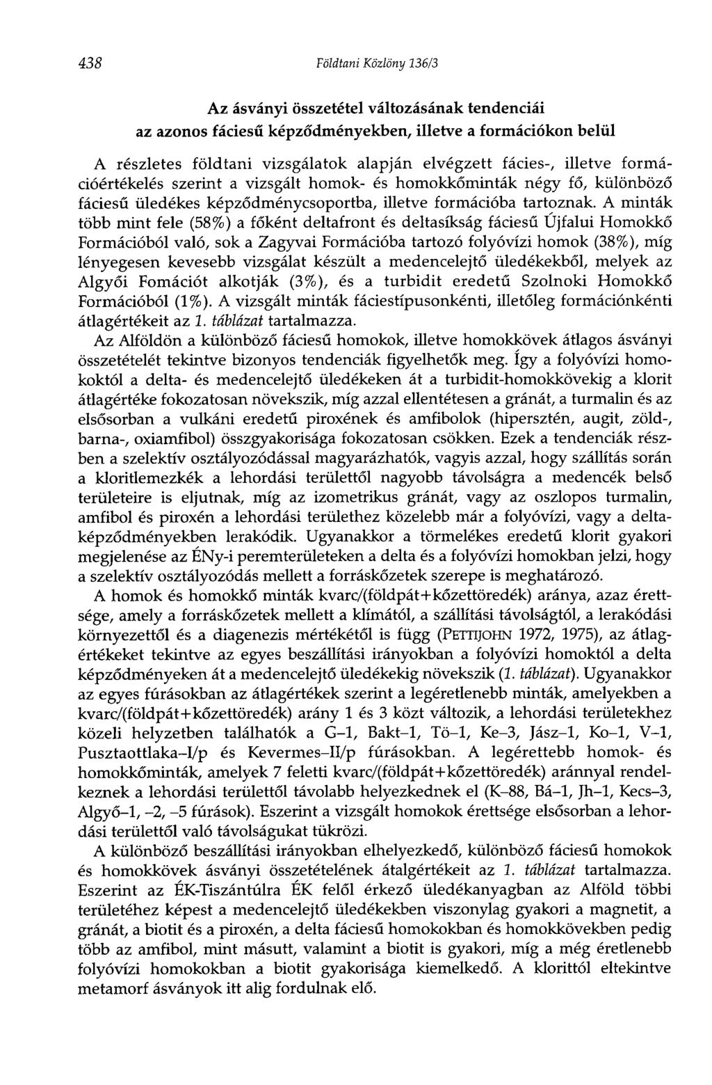 438 Földtani Közlöny 136/3 Az ásványi összetétel változásának tendenciái az azonos fáciesű képződményekben, illetve a formációkon belül A részletes földtani vizsgálatok alapján elvégzett fácies-,