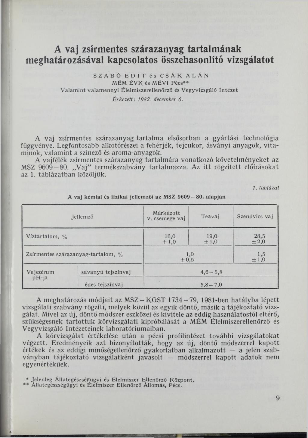 A vaj zsírmentes szárazanyag tartalmának meghatározásával kapcsolatos összehasonlító vizsgálatot SZABÓ EDIT és CSÁK ALÁN MÉM ÉVK és M ÉVI Pécs** V alam int valam ennyi Élelm iszerellenőrző és V