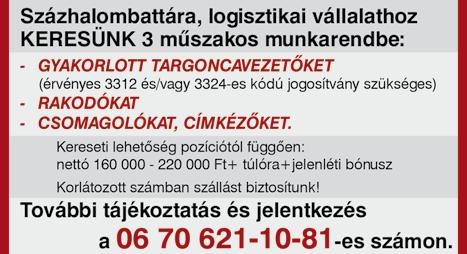 00-ig műszaki beállítottságú termékfelelőst keresek! Fiatalos csapat, jó munka körülmények. Átlagon felüli bérezés. Jelentkezés fényképes önéletrajzzal: hajosgaspi@gmail.