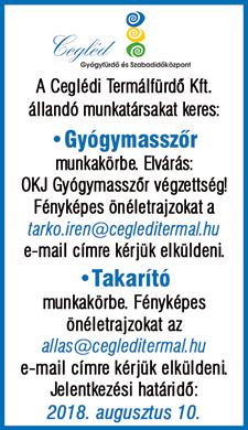 KARRIER 8 2018. augusztus 6. NÉGYTENGELYES billencsre sofőrt keresek Cegléd és környékéről. Érdeklődni: +36 70 555 1979 A Mihuczáné H.F.