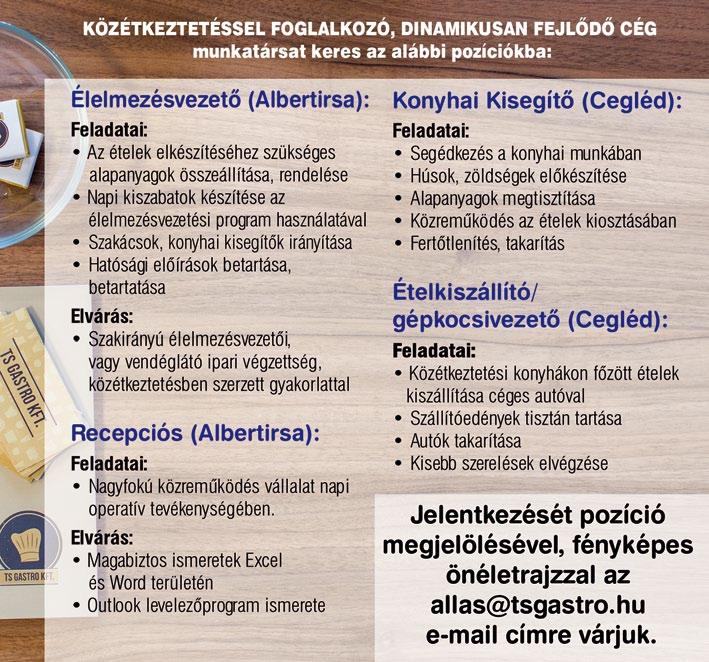 Érdeklődni: +36 20 290 3301-es telefonszámon NYERGES szerelvényre belföldi munkára, C-E kategóriás jogosítvánnyal és GKI kártyával, gyakorlattal rendelkező gépkocsivezetőt keresünk Cegléd és