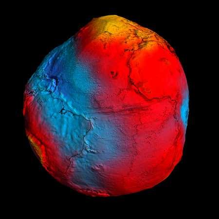 Krumpli alakú a Föld Eddig úgy tudtuk, hogy a Föld alakja Geoid, vagyis a pólusoknál kissé belapult gömb. A sárga helyeken a legerősebb, a kéknél leggyengébb a gravitációs erő.