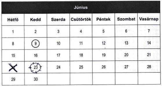 2-es kód: A tanuló június 22-ét jelölte meg X-szel vagy bármilyen más