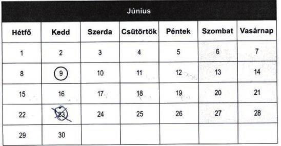 Ide tartoznak azok a válaszok is, amikor a tanuló nem írta le, hogy a 10. napon és több napot is bejelölt. 16, 23. és 30.