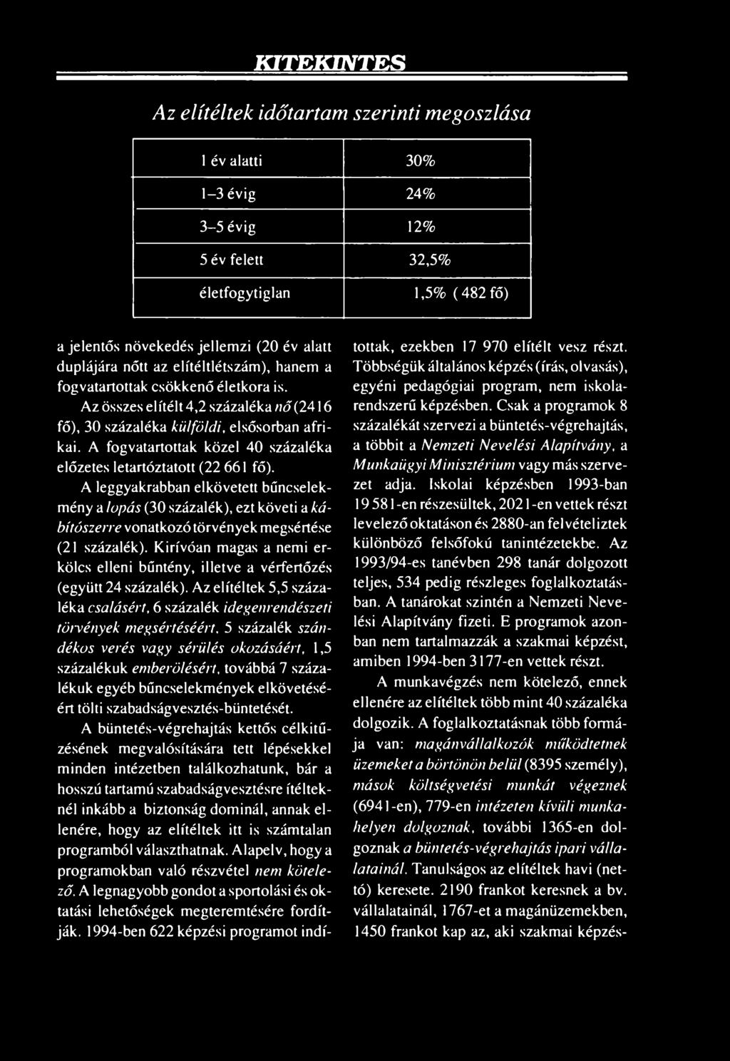 Kirívóan magas a nemi erkölcs elleni bűntény, illetve a vérfertőzés (együtt 24 százalék). Az elítéltek 5,5 százaléka csalásért, 6 százalék idegenrendészeti törvények megsértéséért.