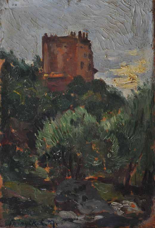 189. tétel SPÁNYIK KORNÉL ( 1858-1943 ) Vár részlet 17 x 12 cm Olaj, karton