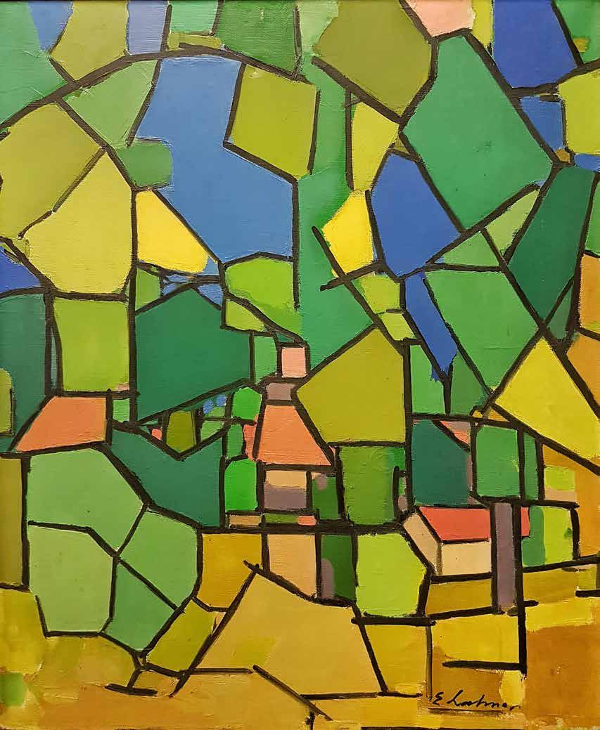 193. tétel LACHNER EMIL Mozaik falu 73 x 60 cm Olaj, vászon
