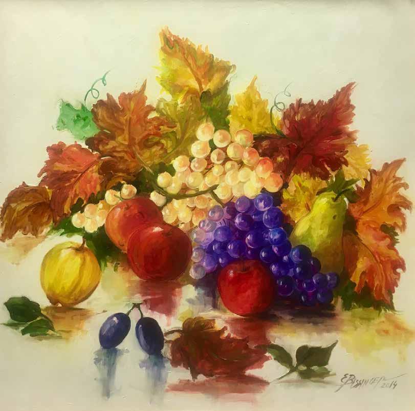 210. tétel BISSINGER ELENA Gyümölcsös csendélet 60 x 60 cm Olaj, vászon