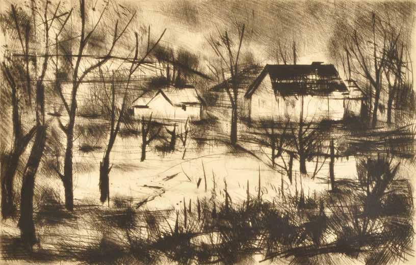 91. tétel REMSEY JENŐ ( 1885-1980 ) Ház a falu szélén 20 x 27 cm Rézkarc,