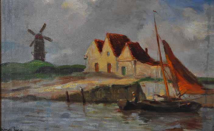 101. tétel GIMES LAJOS ( 1886-1945 ) Vízpart szélmalommal és vitorlással