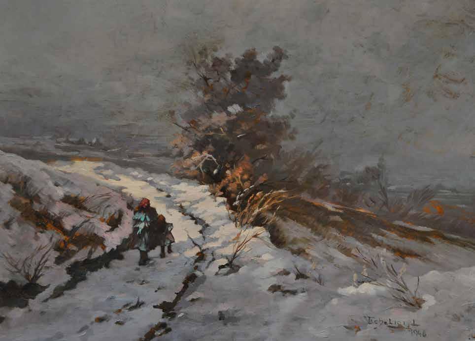 103. tétel SZLÁNYI LAJOS ( 1869-1949 ) Havas út 33 x 37 cm Olaj, fa