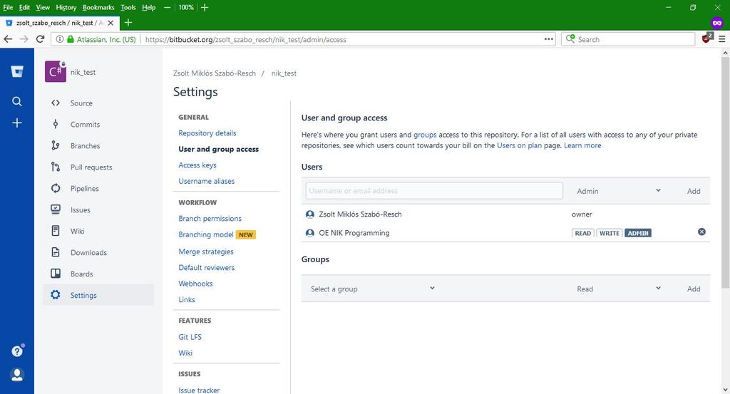 lévő Clone gombra kattintva látszik a repository GIT címe is: https://zsolt_szabo_resch@bitbucket.org/zsolt_szabo_resch/nik_test.git 4.