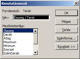 o A SOR területre alábbi gombokat húzzuk át a felsorolás sorrendjében: [Tagozat], [Szak], [Szint]. o Az ADAT területre először a [Tanár] gombot húzzuk át.