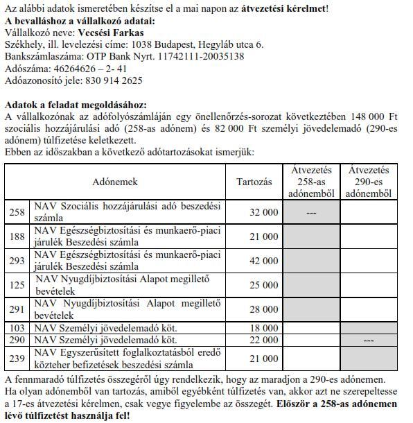 32. feladat A 290-es adónemen maradó túlfizetés összege: 33. feladat Az alábbi adatok ismeretében készítse el az átvezetési kérelmet! A bevallást ellenőrizze és jelölje ki elektronikus elküldésre!