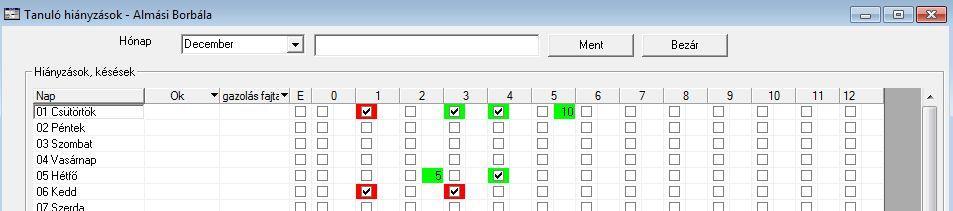 oszlopra. Az igazolt hiányzások és késések háttere zöldre változik. 2.