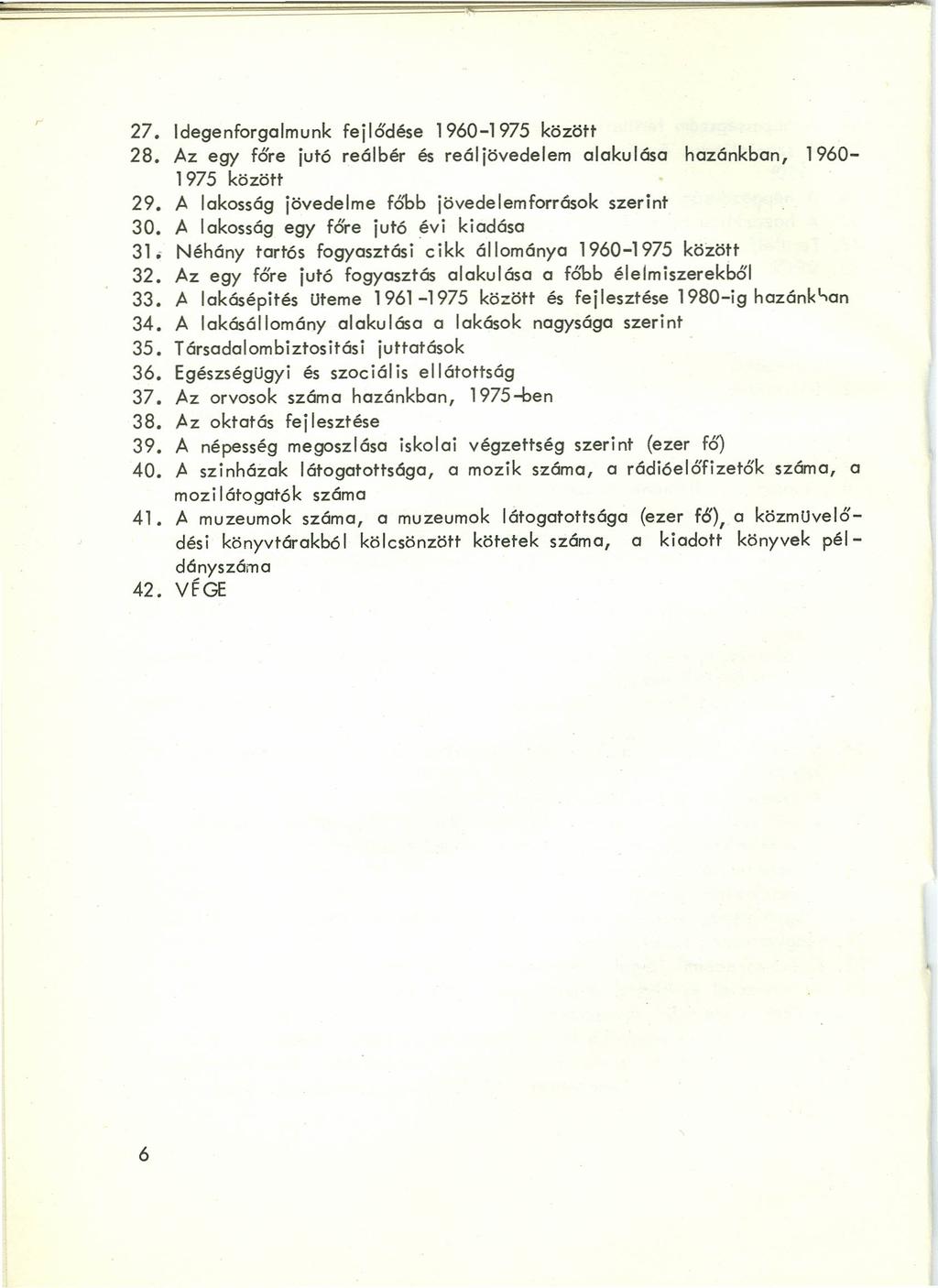 27. Idegenforgalmunk fejlődése 1960-1975 között 28. Az egy főre jut6 reálbér és reáljövedelem alakulása hazánkban, 1960-1975 között 29. A lakosság jövedelme fóbb jövedelemforrások szerint 30.