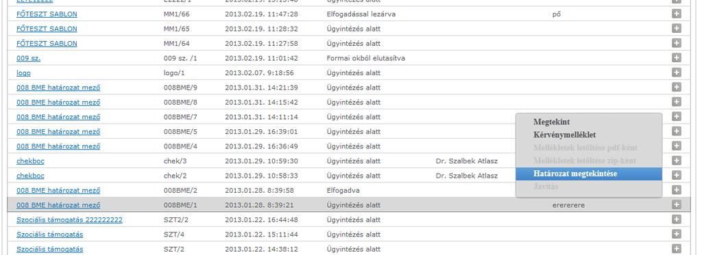 megjeleníthetőek. A felületen található egy "Határozat megtekintése" gomb, amellyel a legenerált határozat nyomtatási képe megtekinthető és a határozat nyomtatható.