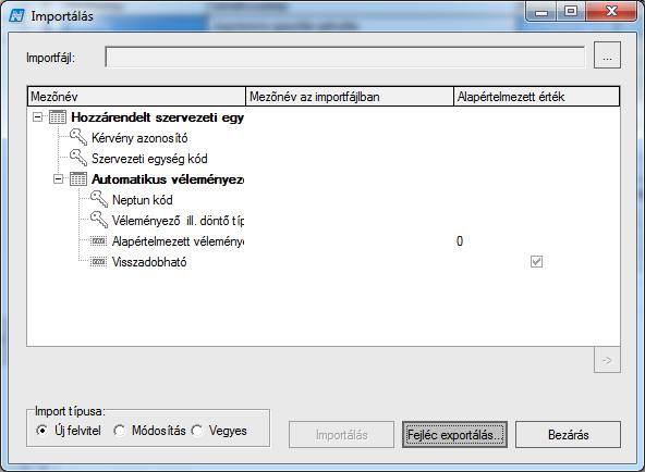 Az Automatikus véleményező/döntő import segítségével a kérvénysablonhoz rendelt szervezeti egységhez lehet automatikus véleményezőt és