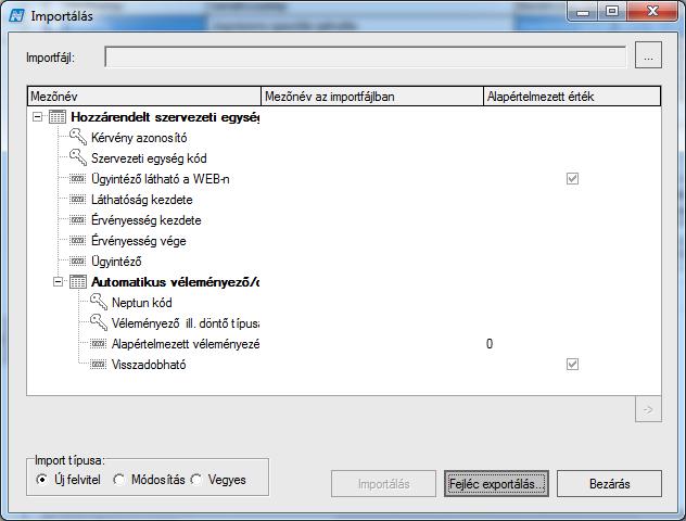 Automatikus véleményező/döntő A Kérvénysablonhoz rendelt szervezeti egységek (xml) import segítségével a kérvénysablonhoz szervezeti